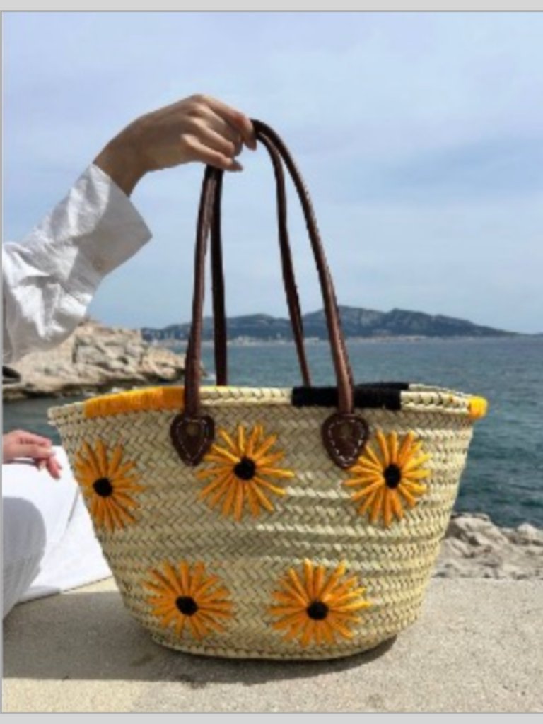Nwt Boho Straw Market Basket Bright Yellow Sunflowers & Leather Straps: Gorgeous